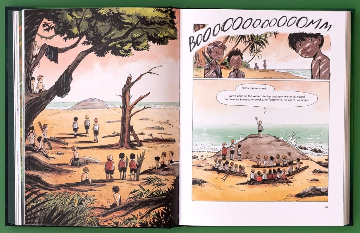 Panel from Lord of the Flies. The Graphic Novel. Featuring the blowing of the conch shell. 