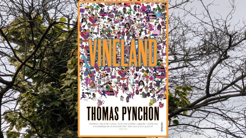 Thomas Pynchon's Vineland UK cover over an ivy covered tree
