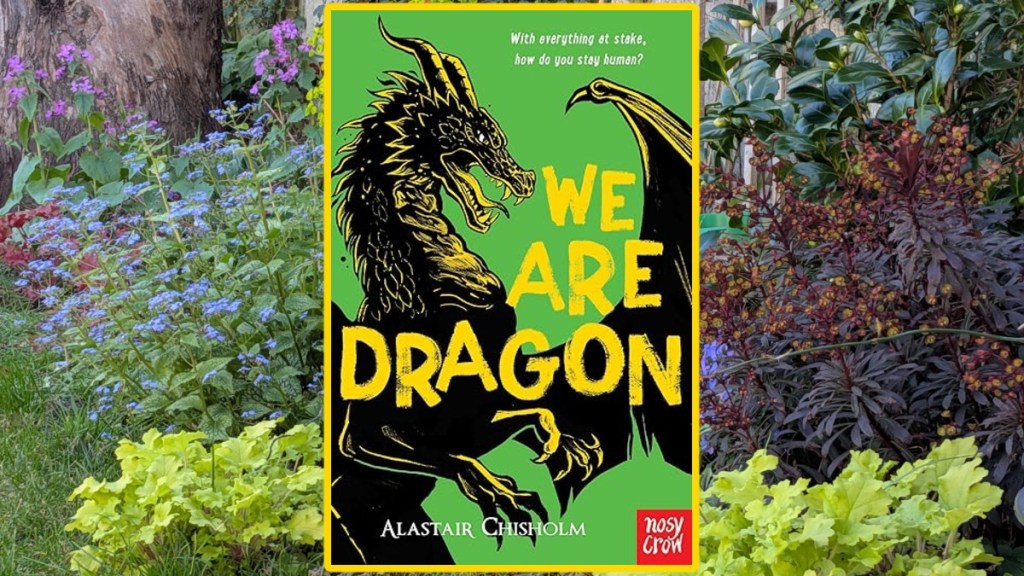 We Are Dragon book cover over a spring flower bed