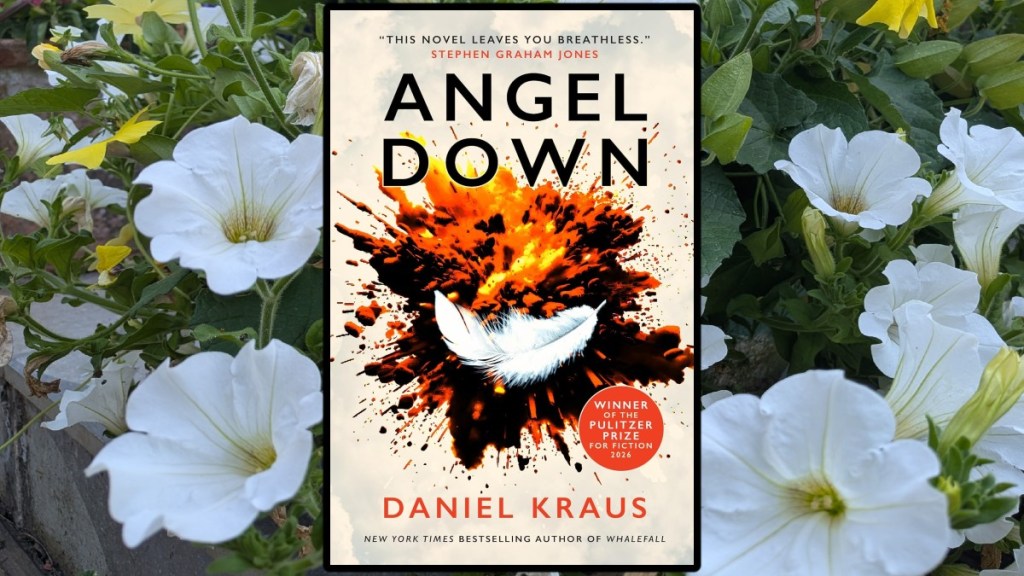 Angel Down by Daniel Kraus. Book cover over white petunias