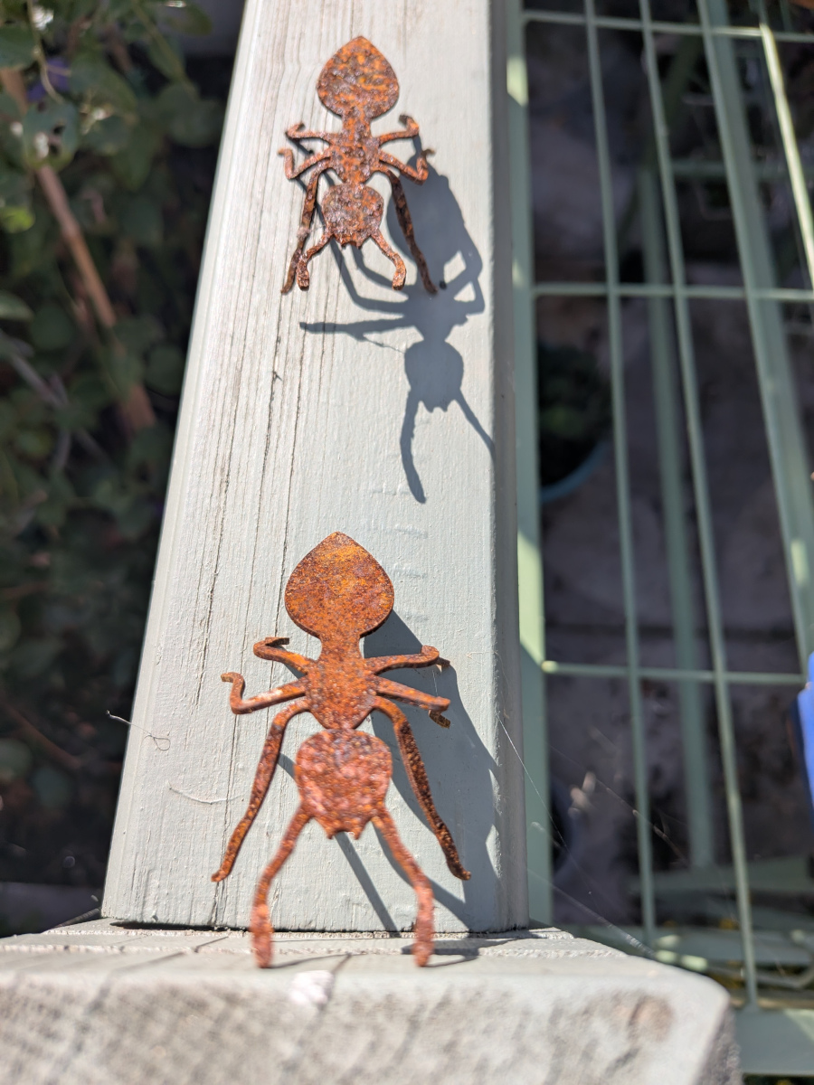 two rusty metal ants on a fence.