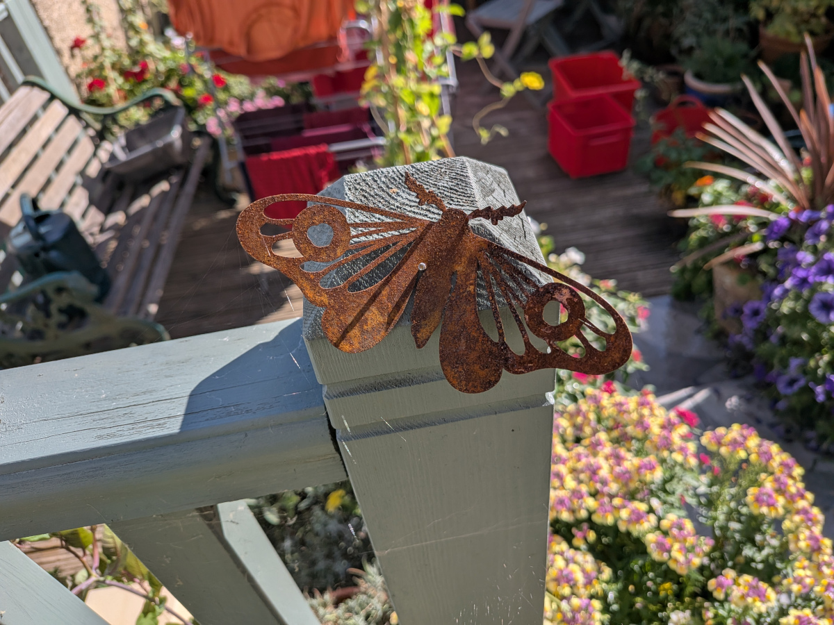 A rusty metal butterfly on a fence.