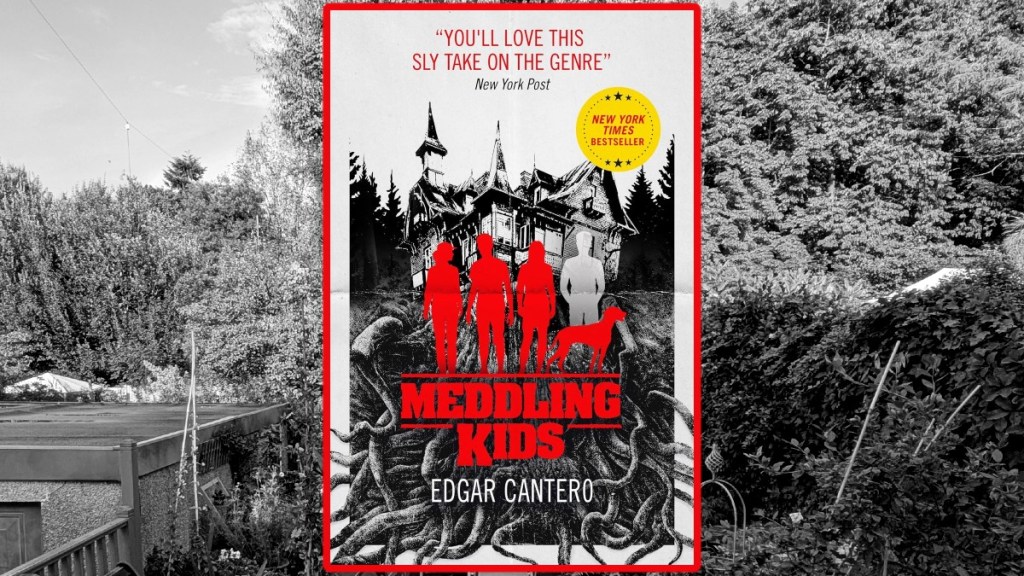 meddling kids book cover over black and white picture of the garden