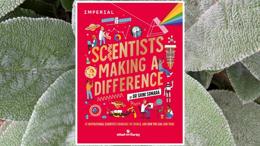 Scientist making a different book cover superimposed over some silver grey furry stachys leaves