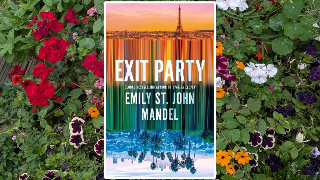 Exit Party Book cover over several different varieties of bedding plants.