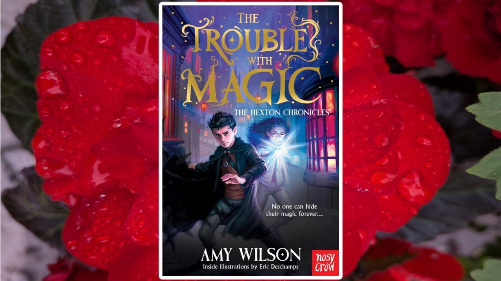 The trouble with magic book cover superimposed over a bright red rain laden begonia